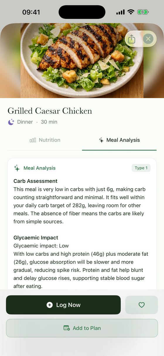 AI meal analysis showing carbs, macros and glycaemic impact