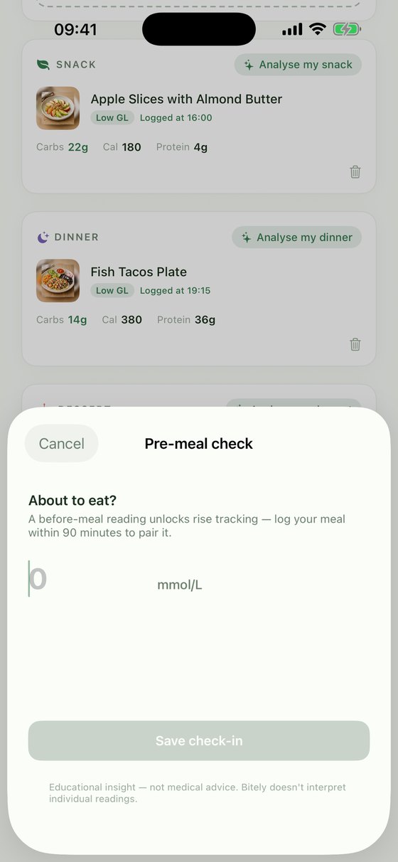 Pre-meal check sheet asking for a before-meal glucose reading