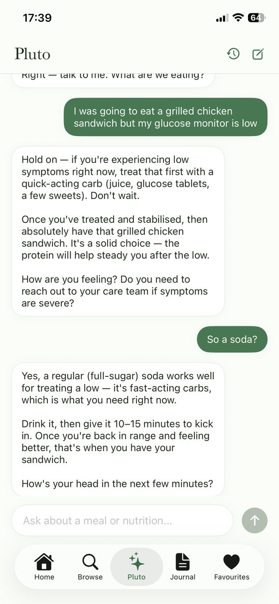Pluto, the in-app coach, talking through what to eat during a low